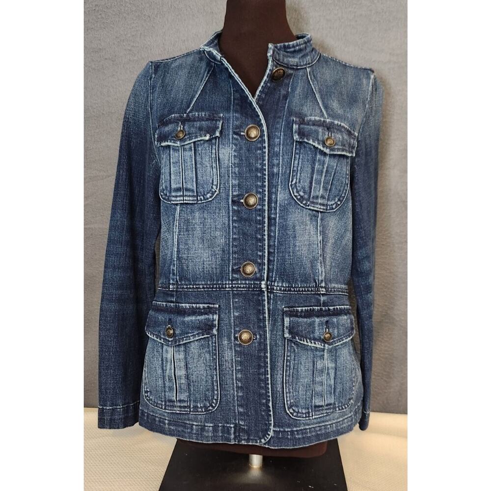 Talbots Jacket Women Size S Blue Denim Stretch Jean Jacket Button Front Pockets